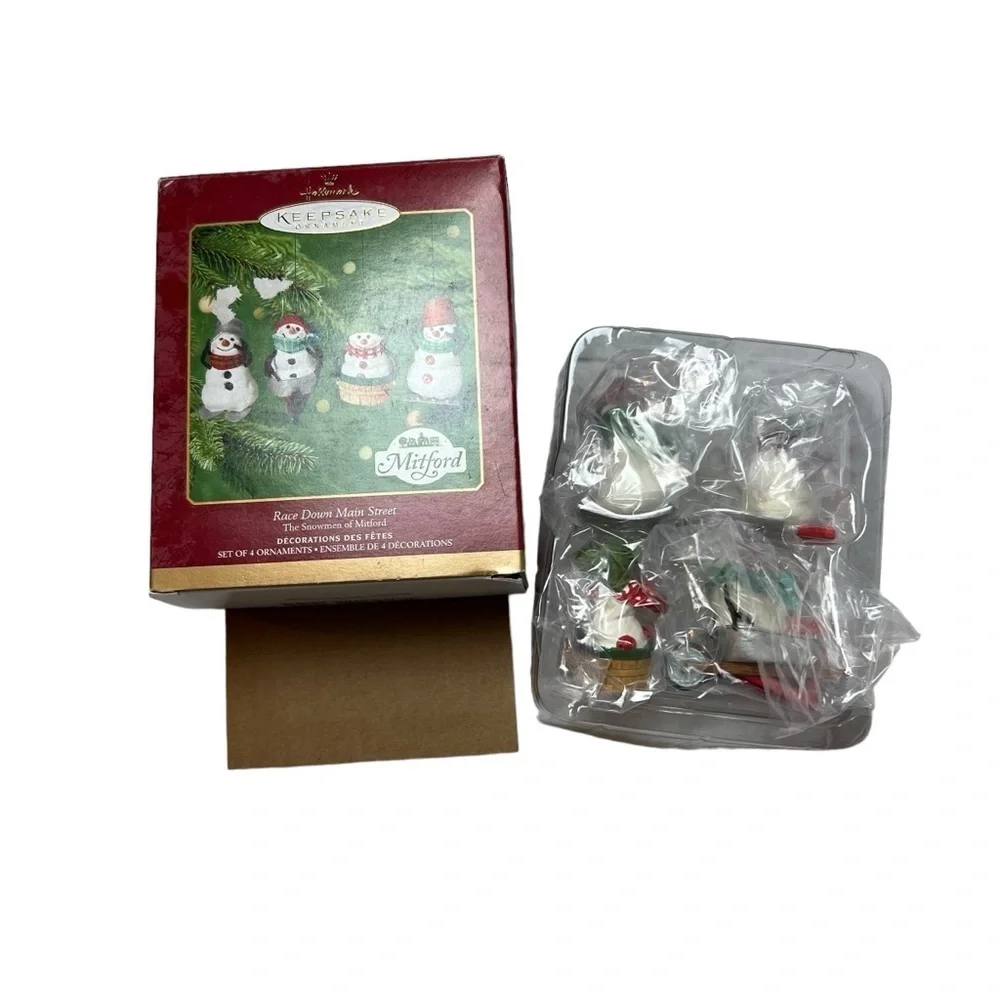 Hallmark Ornaments (4)2000 Keepsake Snowmen of Mitford Race Down Main Street